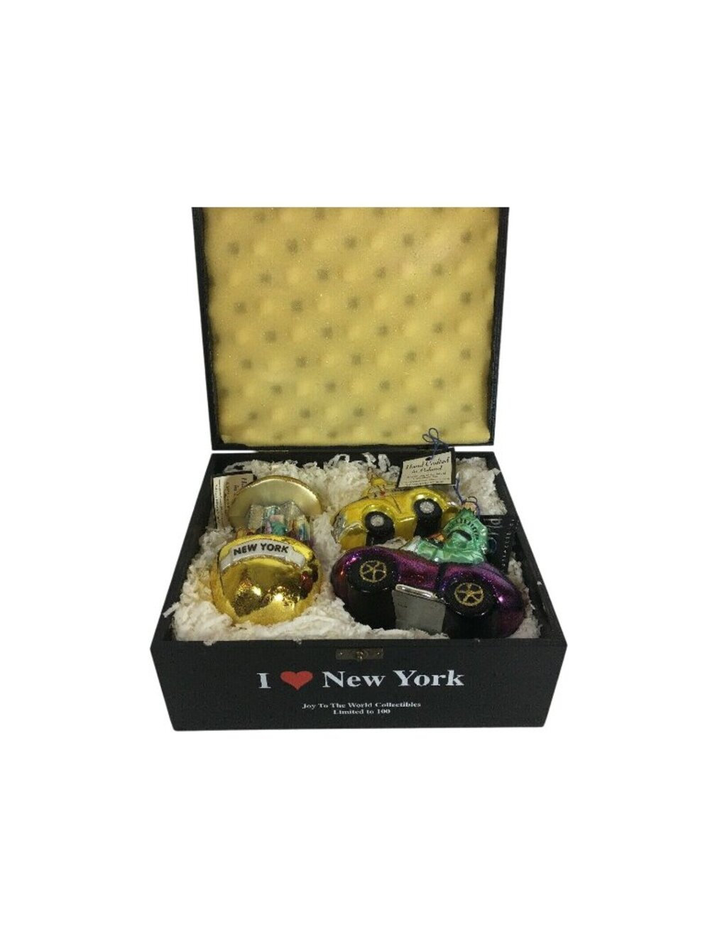 Joy To The World I Love New York Glass Ornament Big Apple Yellow Taxi Cab Statue